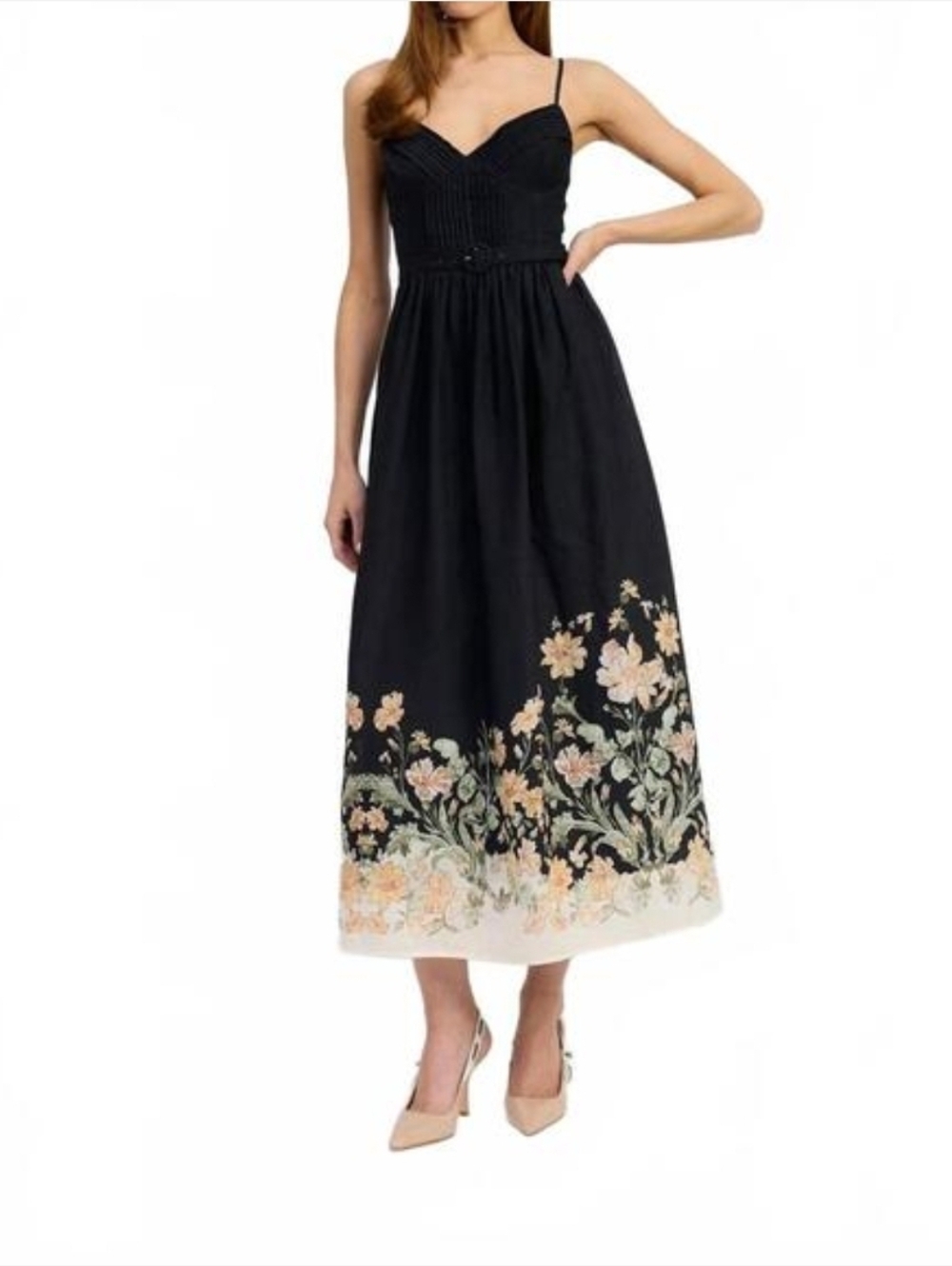En Saison Black Iris Midi Dress with Peach Floral Printed Hem $289 NWOT